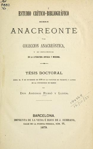 Cover for Estudio críticobibliográfico sobre anacreonte y la colección Anacreóntica