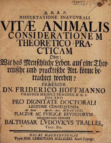 Cover for Vitae animalis considerationem theoretico-practicam: oder: wie das menschliche Leben, auf eine theoretische und pracktische Art, könne betrachtet werden?