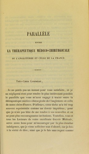 Cover for Parall©·le entre la th©♭rapeutique m©♭dico-chirurgicale de l'Angleterre et celle de la France. 1re lettre