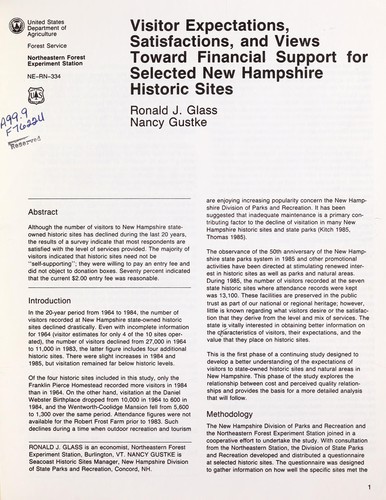 Cover for Visitor expectations, satisfactions and views toward financial support for selected New Hampshire historic sites