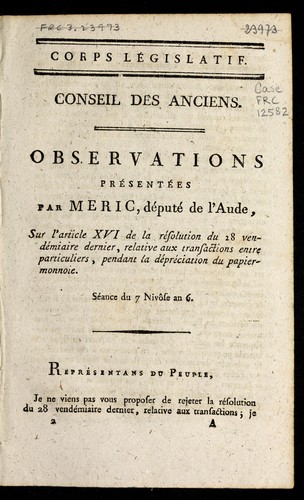 Cover for Observations pre sente es par Meric, de pute  de l'Aude, sur l'article XVI de la re solution du 28 vende miaire dernier, relative aux transactions entre particuliers pendant la de pre ciation du papier-monnoie