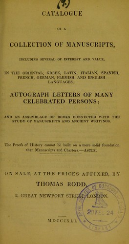 Cover for Catalogue of a collection of manuscripts, including several of interest and value, in the Oriental, Greek, Latin, Italian, Spanish, French, German, Flemish, and English languages