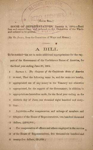 Cover for A bill to be entitled An act to make additional appropriations for the support of the government of the Confederate States of America, for the fiscal year ending June 30, 1864.