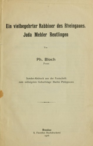 Cover for Ein vielbegehrter Rabbiner des Rheingaues, Juda Mehler Reutlingen