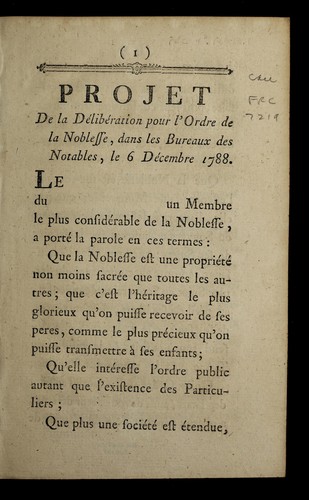 Cover for Projet de la de libe ration pour l'ordre de la noblesse