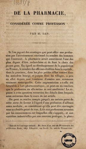 Cover for De la pharmacie, considérée comme profession