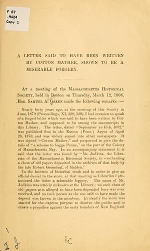 Cover for A letter said to have been written by Cotton Mather, shown to be a miserable forgery.
