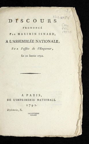 Cover for Discours prononce  par Maximin Isnard, a l'Assemble e nationale, sur l'office de l'empereur