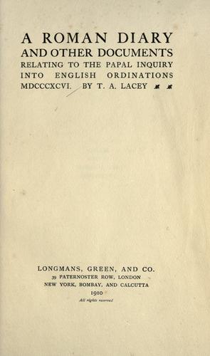 Cover for Roman diary and other documents relating to the papal inquiry into English ordinations MDCCCXCVI