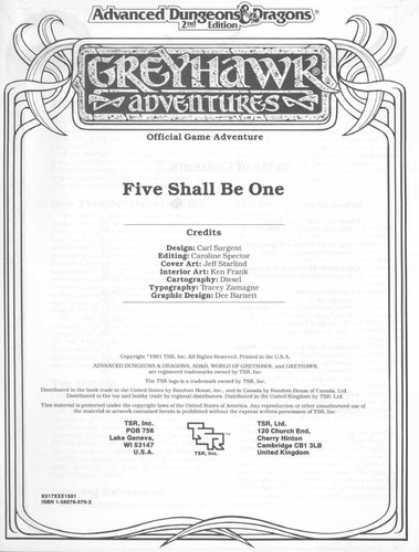 Cover for Five Shall Be One (Advanced Dungeons & Dragons/2nd Edition : Greyhawk Adventures, WGS1 Adventure, No. 9317)