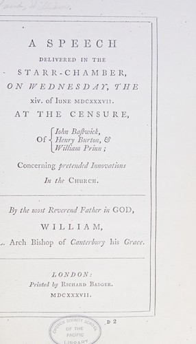 Cover for A speech delivered in the Starr-chamber, on Wednesday, the XIVth of Iune, MDCXXXVII