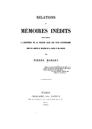 Cover for Relations et mémoires inédits pour servir à l'histoire de la France dans les pays d'outre-mer ...