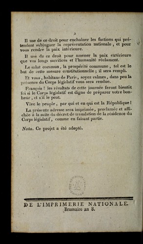 Cover for Projet d'adresse aux Franc ʹais, pre sente  par Cornudet