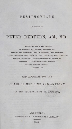 Cover for Testimonials in favour of Peter Redfern, A.M., M.D. ... candidate for the chair of medicine and anatomy in the University of St. Andrews