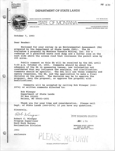 Cover for [Environmental assessment of a proposal by Montana Tunnels Mining, Inc. for a redesign of a permitted waste rock dump]
