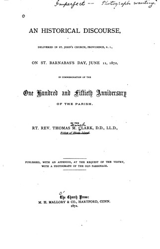 Cover for An Historical Discourse: Delivered in St. John's Church, Providence, R.I., on St. Barnabas's Day ...