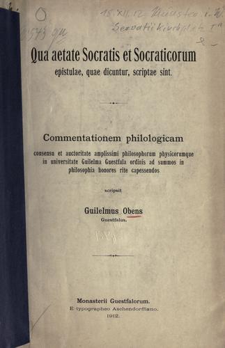 Cover for Qua aetate Socratis et Socraticorum epistulae, quae dicuntur, scriptae sint.