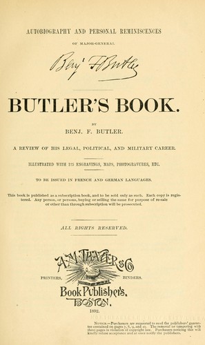 Cover for Autobiography and personal reminiscences of Major-General Benj. F. Butler