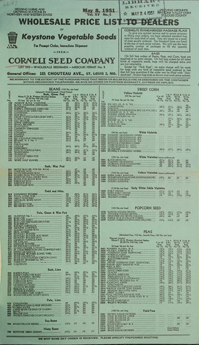 Cover for Wholesale price list to dealers of Keystone vegetable seeds