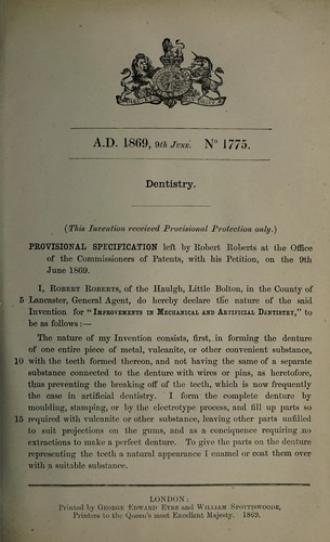 Cover for Specification of Robert Roberts