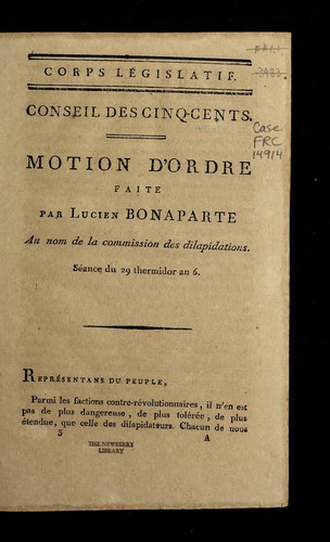 Cover for Motion d'ordre faite par Lucien Bonaparte au nom de la Commission des dilapidations