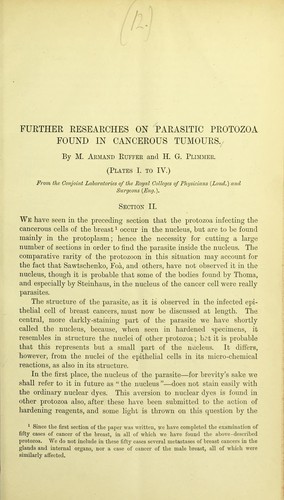 Cover for Further researches on some parasitic protozoa found in cancerous tumours. [Pt. 2]