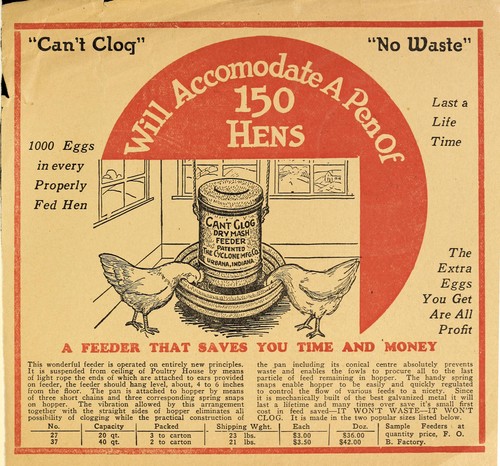 Cover for "Can't Clog" dry mash feeder [advertisement]