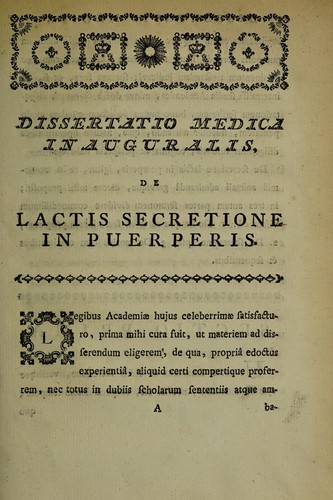 Cover for Dissertatio medica inauguralis, de lactis secretione in puerperis ...