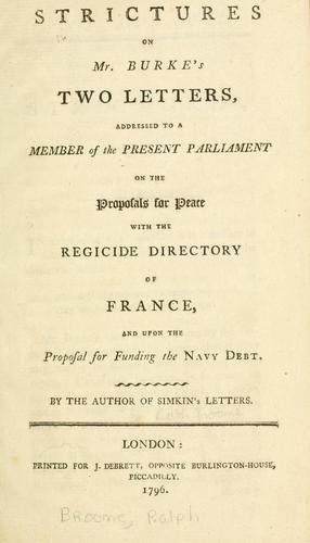 Cover for Strictures on Mr. Burke's Two letters addressed to a member of the present Parliament on the proposals for peace with the regicide directory of France, and upon the proposal for funding the navy debt