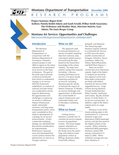 Cover for Montana air service : opportunities and challenges