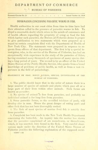 Cover for Information concerning parasitic worms in fish