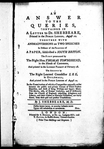 Cover for An answer to the queries contained in a letter to Dr. Shebbeare, printed in the Public ledger, August 10