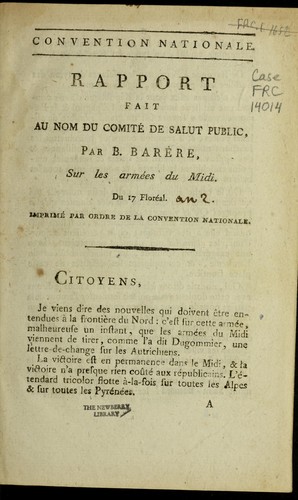 Cover for Rapport fait au nom du Comite  de salut public par B. Bare  re, sur les arme es du Midi