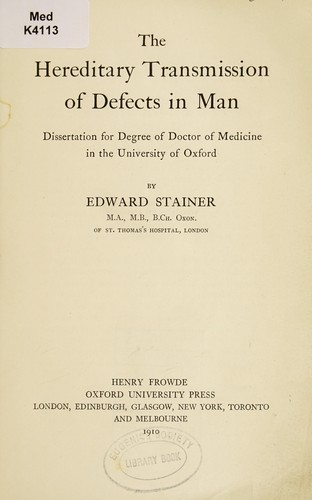 Cover for The hereditary transmission of defects in man
