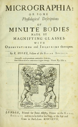 Cover for Micrographia, or, Some physiological descriptions of minute bodies made by magnifying glasses : with observations and inquiries thereupon