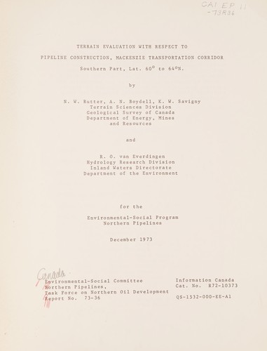 Cover for TERRAIN EVALUATION WITH RESPECT TO PIPELINE CONSTRUCTION, MACKENZIE TRANSPORTATION CORRIDOR SOUTHERN PART, LAT. 60 DEGREES TO 64 DEGREES N.
