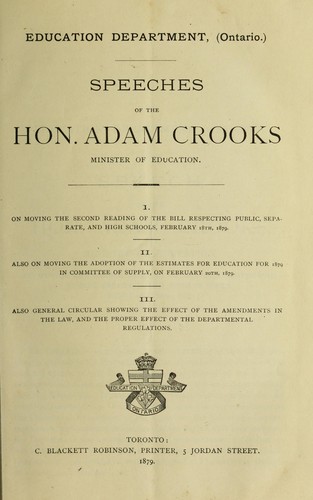 Cover for Speeches of the Hon. Adam Crooks, Minister of Education ...