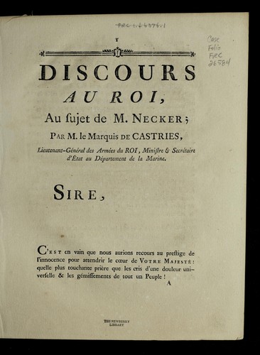 Cover for Discours au roi, au sujet de M. Necker