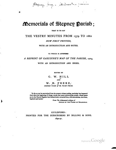 Cover for Memorials of Stepney Parish
