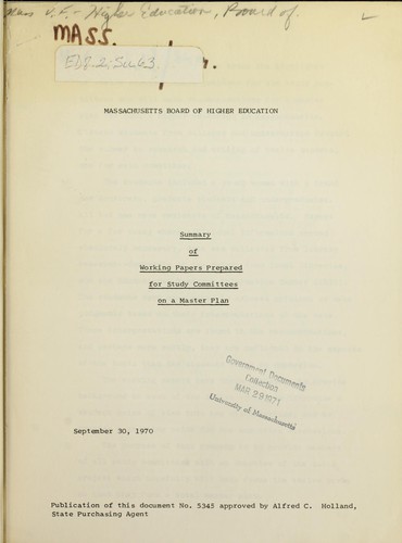 Cover for Summary of working papers prepared for study committees on a master plan