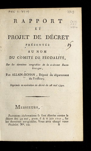 Cover for Rapport et projet de décret présentés, au nom du Comité de féodalité, sur les domaines congéables de la ci-devant Basse-Bretagne