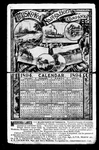 Cover for Muskoka Navigation Company 1894 calendar 1894