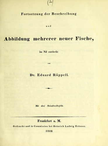 Cover for Fortsetzung der Beschreibung und Abbildung mehrerer neuer Fische, im Nil entdeckt