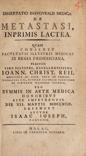 Cover for Dissertatio inauguralis medica de metastasi, in primis Lactea ...