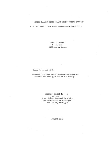 Cover for Cook plant preoperational studies, 1971