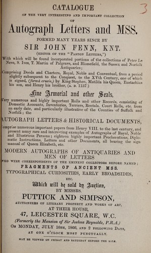 Cover for Catalogue of the very interesting and important collection of autograph letters and mss. formed many years since by Sir John Fenn, Knt., editor of the Paston letters ...