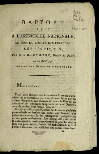 Cover for Rapport fait a   l'Assemble e nationale au nom du Comite  des finances, sur les postes