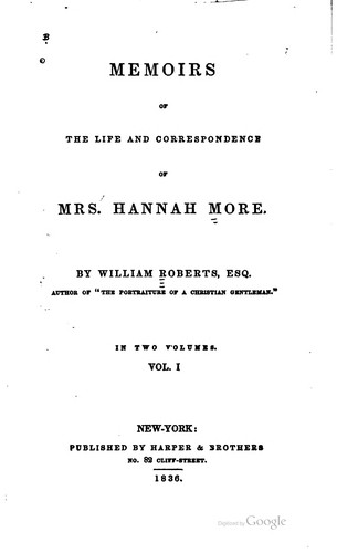 Cover for Memoirs of the life and correspondence of Mrs. Hannah More.