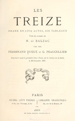Cover for Les Treize, drame en cinq actes