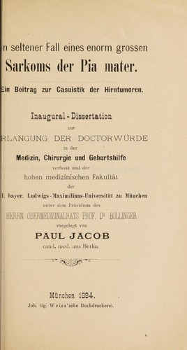 Cover for Ein seltener Fall eines enorm grossen Sarkoms der Pia mater